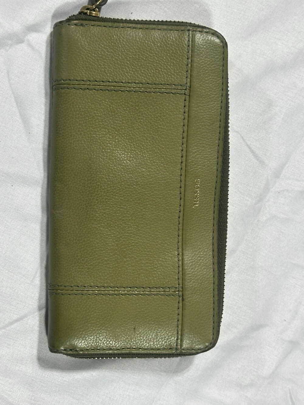 Fossil Jori RFID Zip Around Clutch Wallet Olive Green Textured Leather Wristlet